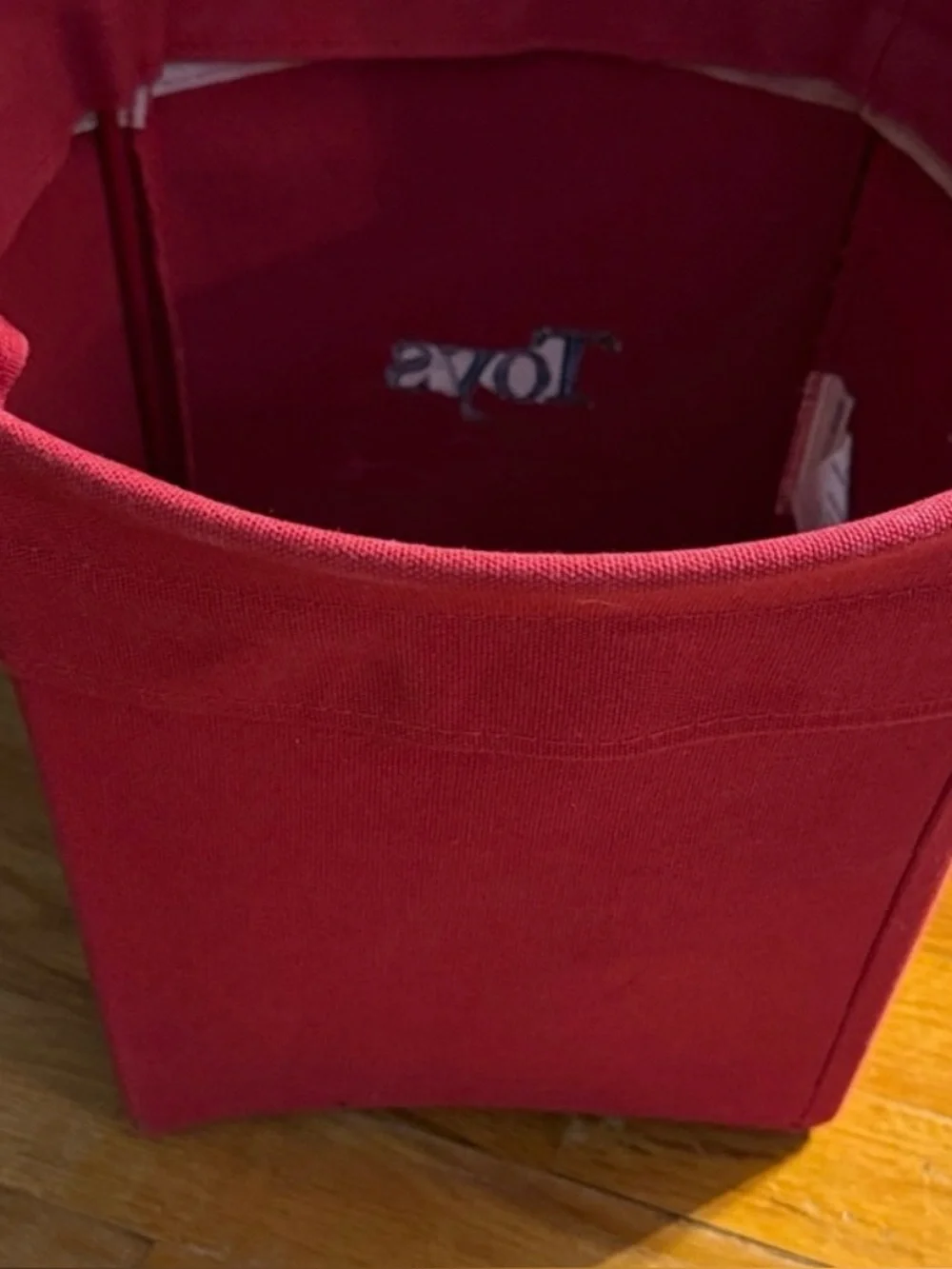 Pottery Barn Red Fabric Wire Toy Storage Bin with 'Toys' Embroidery Blue Font